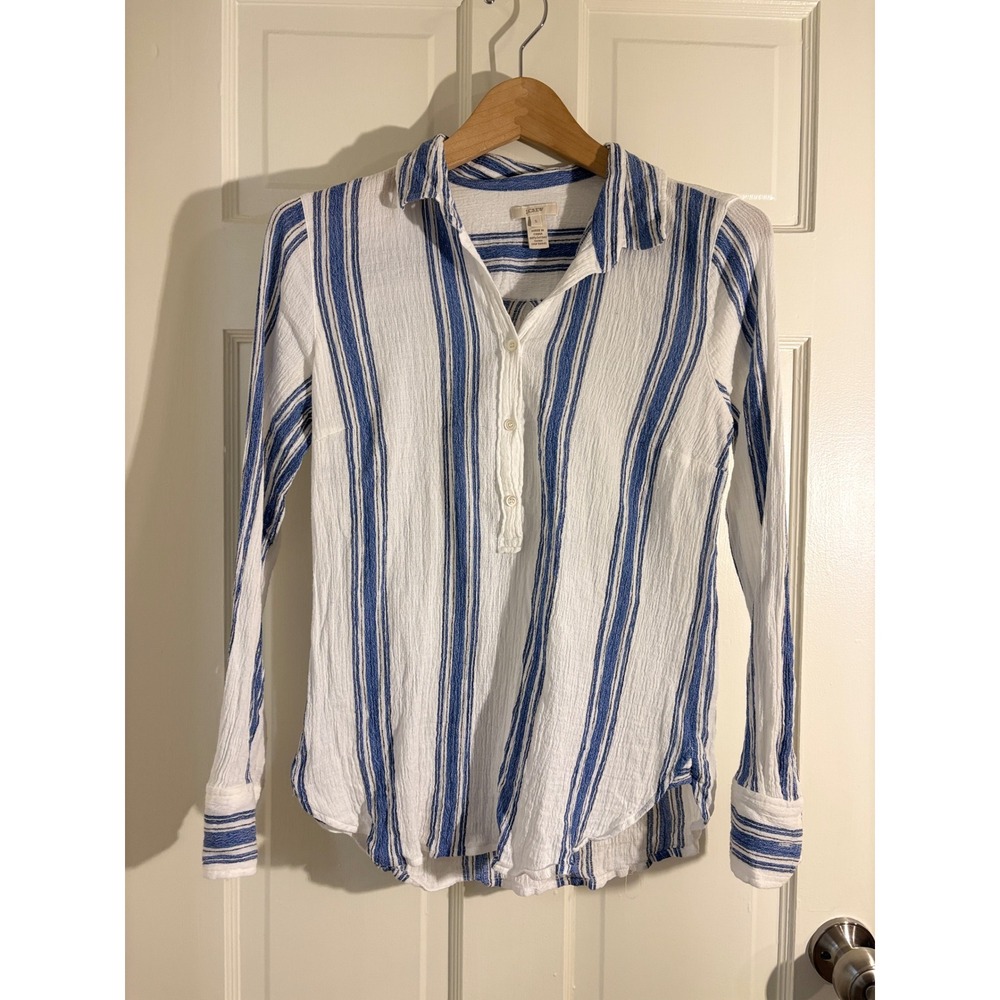 J.Crew Womens Small Blue White Striped Cotton Gauze button down Long Sleeve